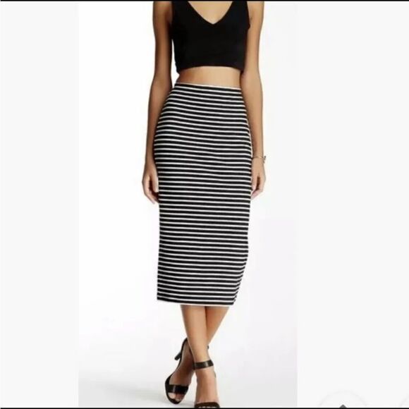Sanctuary Black Ivory Striped Midi Elastic Waist Ponte Knit Pencil Skirt Small - Picture 1 of 4